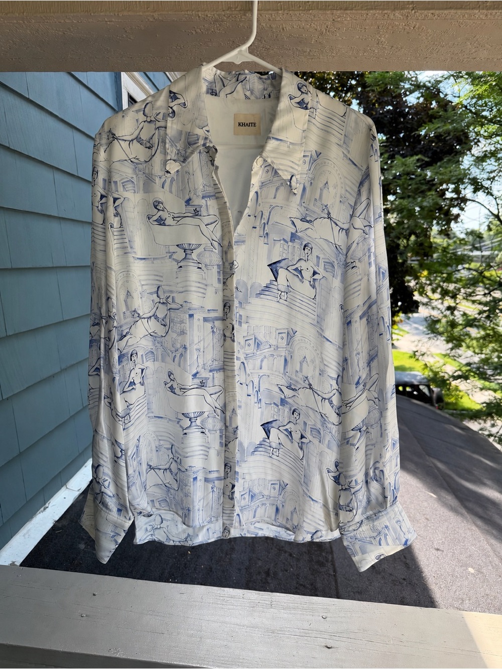 KHAITE White Silk Blouse with Blue Toile Motif
